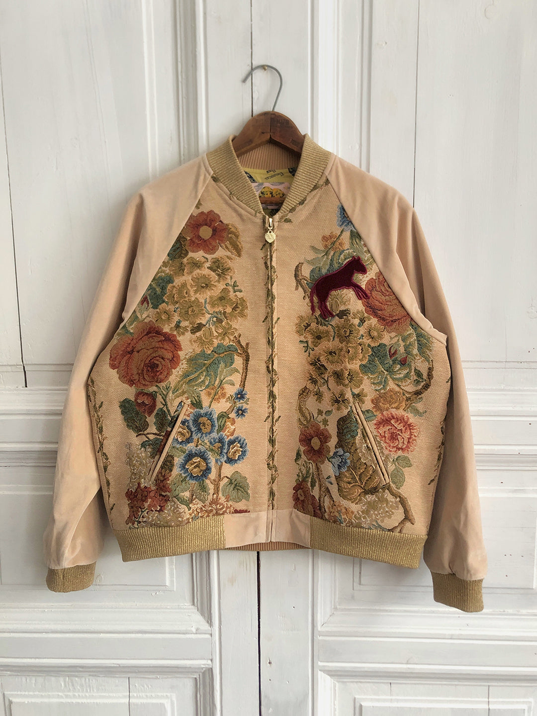 Unlogical Poem Flower Woven Patchwork Khaki Velvet Souvenir Jacket