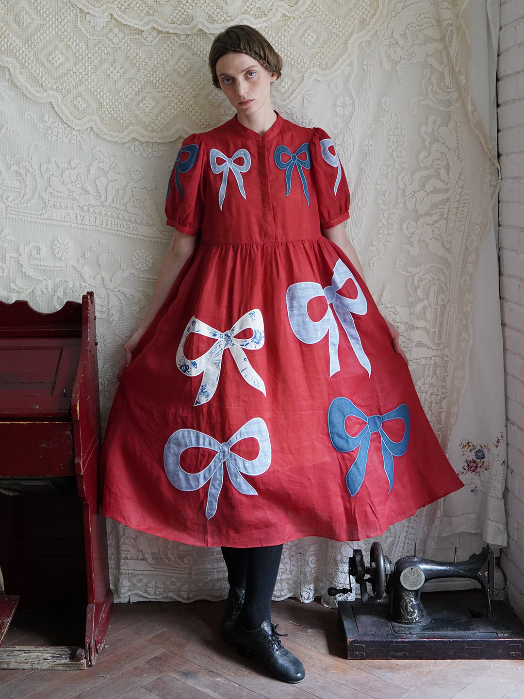 strapless open back dress Victorian Style Bow Applique Embroidered Red Dress