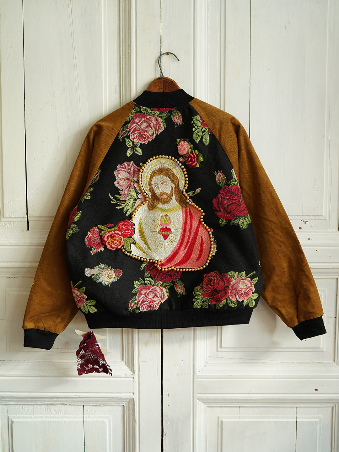 Unlogical Poem Jesus Embroidery Patchwork Rose Yarn-dyed Souvenir Jacket