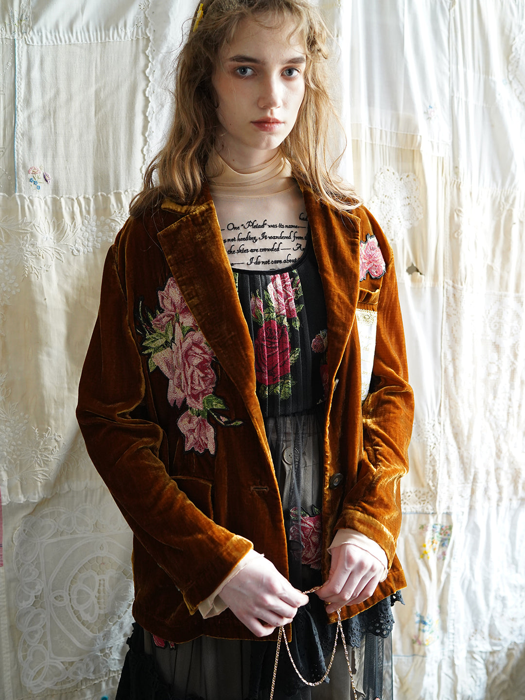 Unlogical Poem Rose Patchwork Velvet Blazer