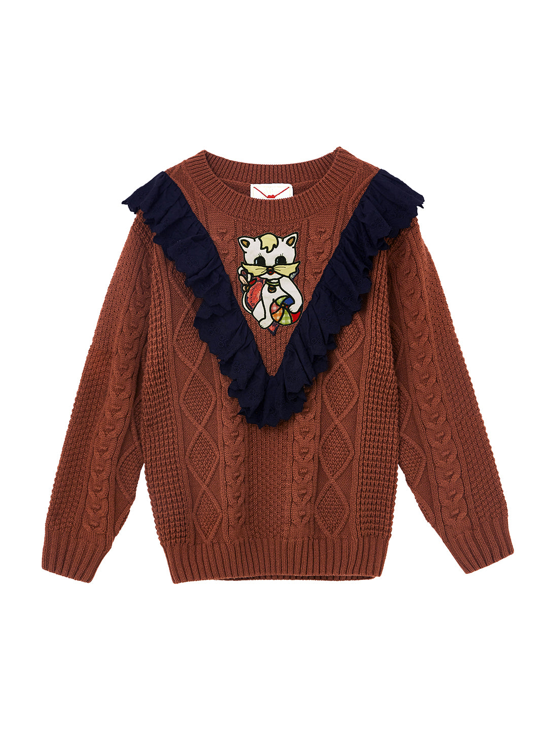 Unlogical Poem Cat Embroidery Patchwork Lace Wool Knit Sweater