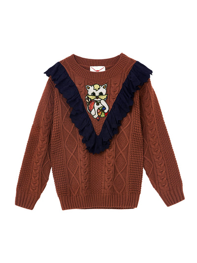 Unlogical Poem Cat Embroidery Patchwork Lace Wool Knit Sweater