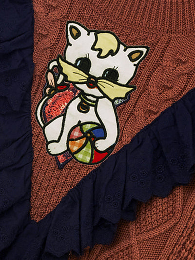 Unlogical Poem Cat Embroidery Patchwork Lace Wool Knit Sweater