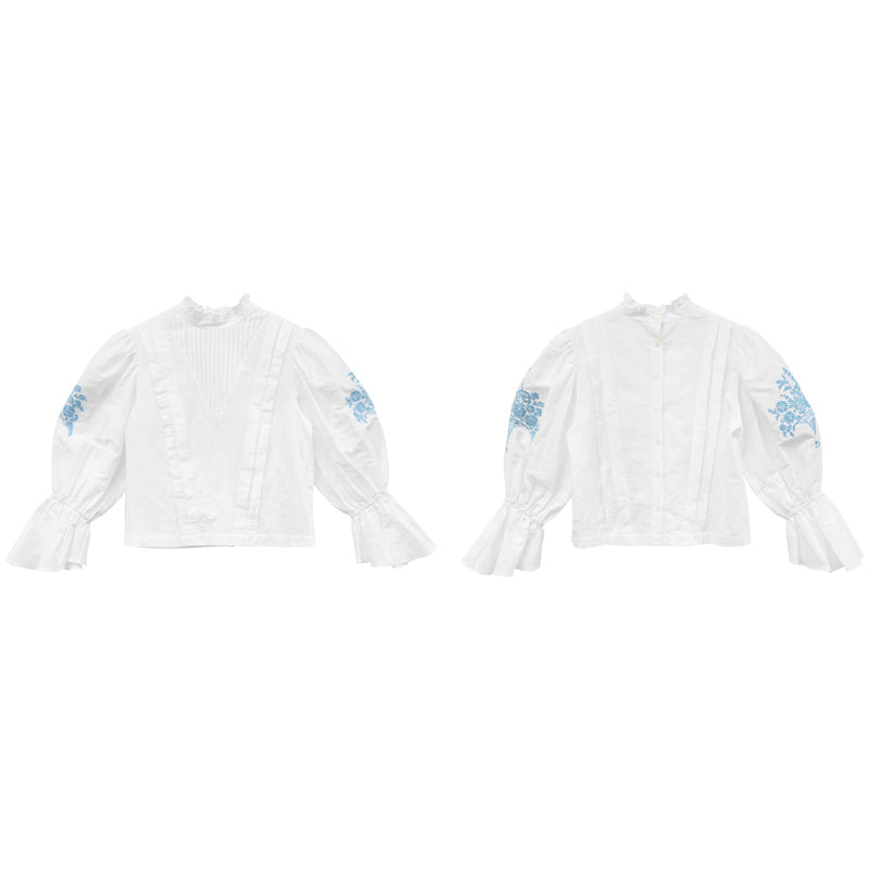 Unlogical Poem Victorian Stand Collar Blouse with Flower Basket Embroidery and Leg-of-Mutton Sleeves