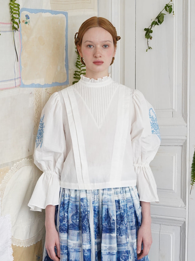 Unlogical Poem Victorian Stand Collar Blouse with Flower Basket Embroidery and Leg-of-Mutton Sleeves