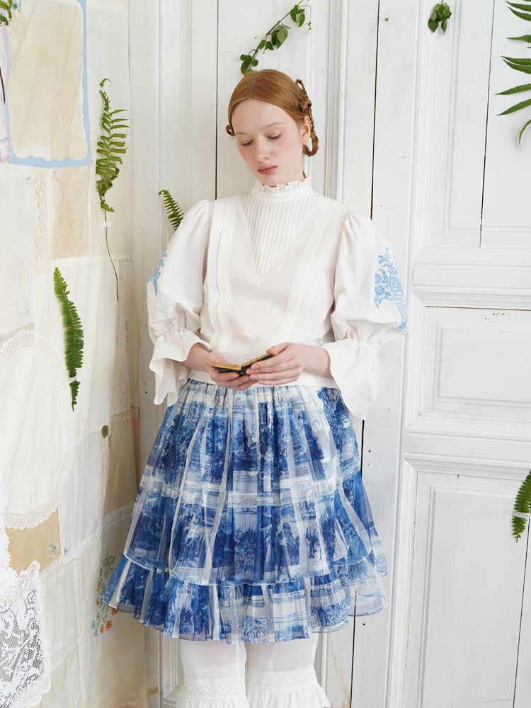 Unlogical Poem Victorian Stand Collar Blouse with Flower Basket Embroidery and Leg-of-Mutton Sleeves