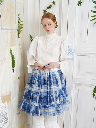Unlogical Poem Victorian Stand Collar Blouse with Flower Basket Embroidery and Leg-of-Mutton Sleeves