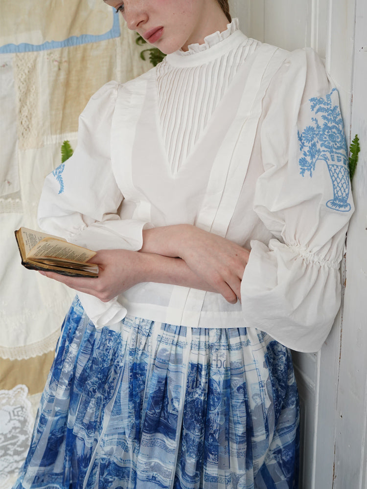 Unlogical Poem Victorian Stand Collar Blouse with Flower Basket Embroidery and Leg-of-Mutton Sleeves