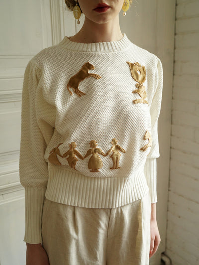 Unlogical Poem Paper-cut Patch Embroidered Gigot Sleeve Knitted Top
