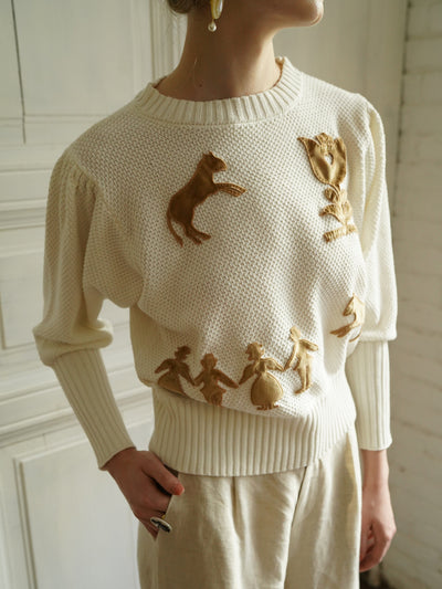 Unlogical Poem Paper-cut Patch Embroidered Gigot Sleeve Knitted Top