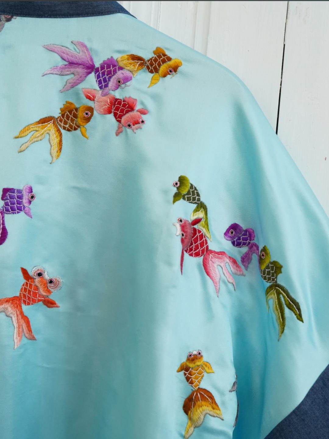 Unlogical Poem Koi Fish Embroidered Silk Patchwork Denim Kimono