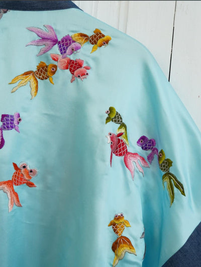 Unlogical Poem Koi Fish Embroidered Silk Patchwork Denim Kimono