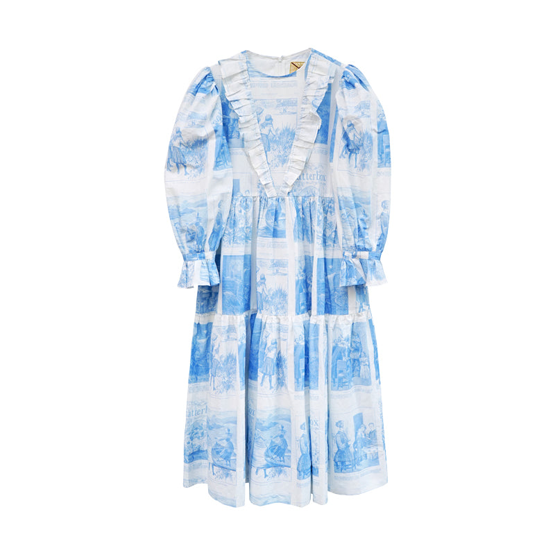 Unlogical Poem Retro Illustrated Print Ruffled Puff Sleeve Dress