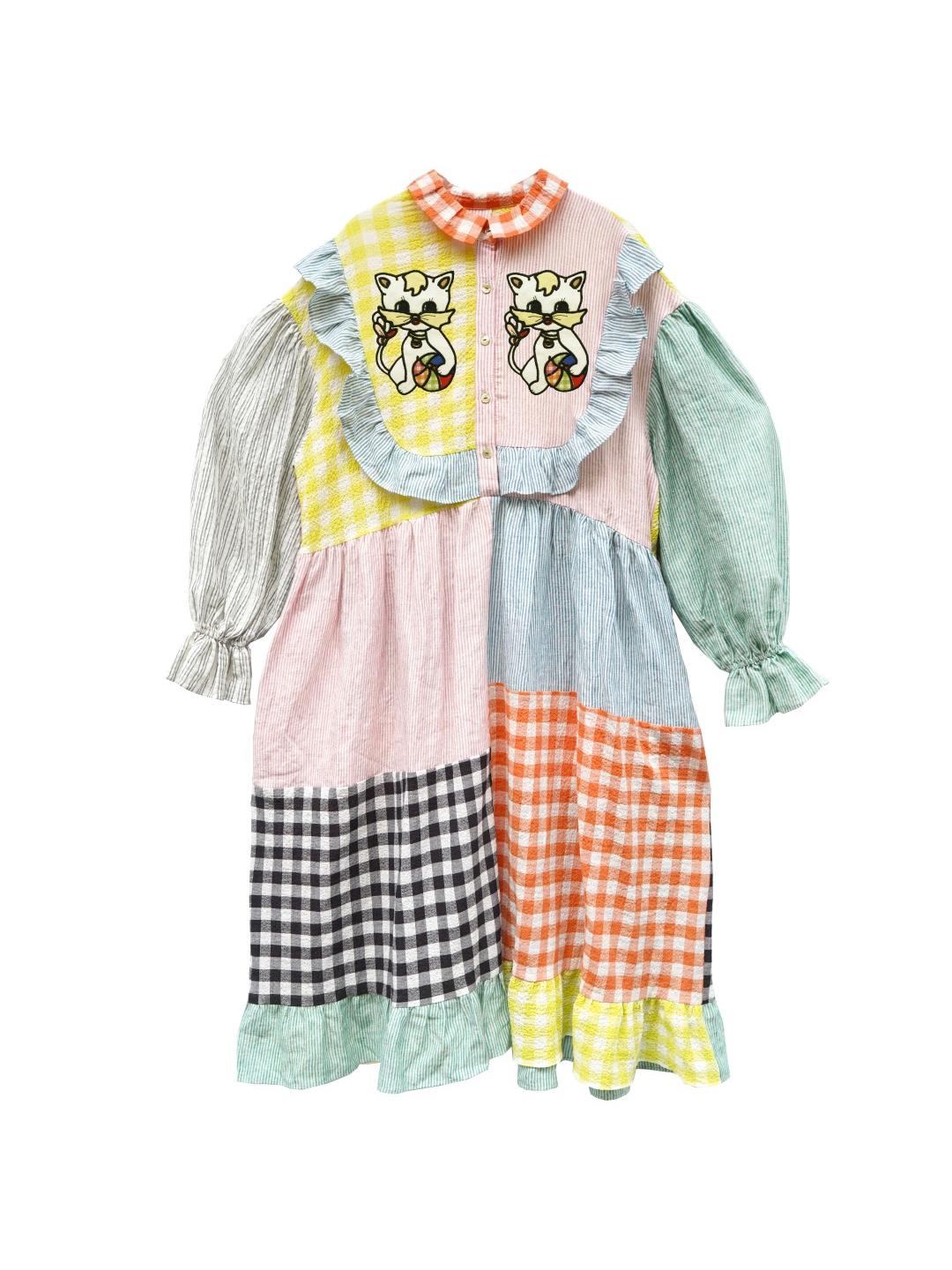 Unlogical Poem Cat Embroidered Colorful Patchwork Cotton Dress