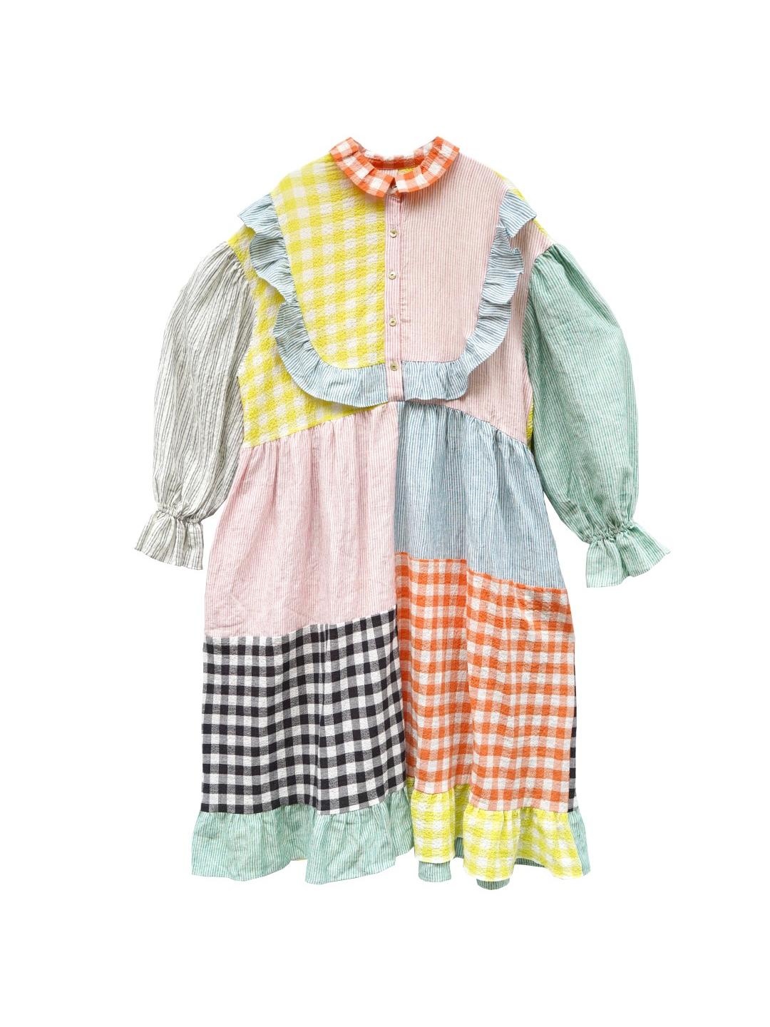 Unlogical Poem Colorful Vertical Striped and Gingham Patchwork Cotton Dress