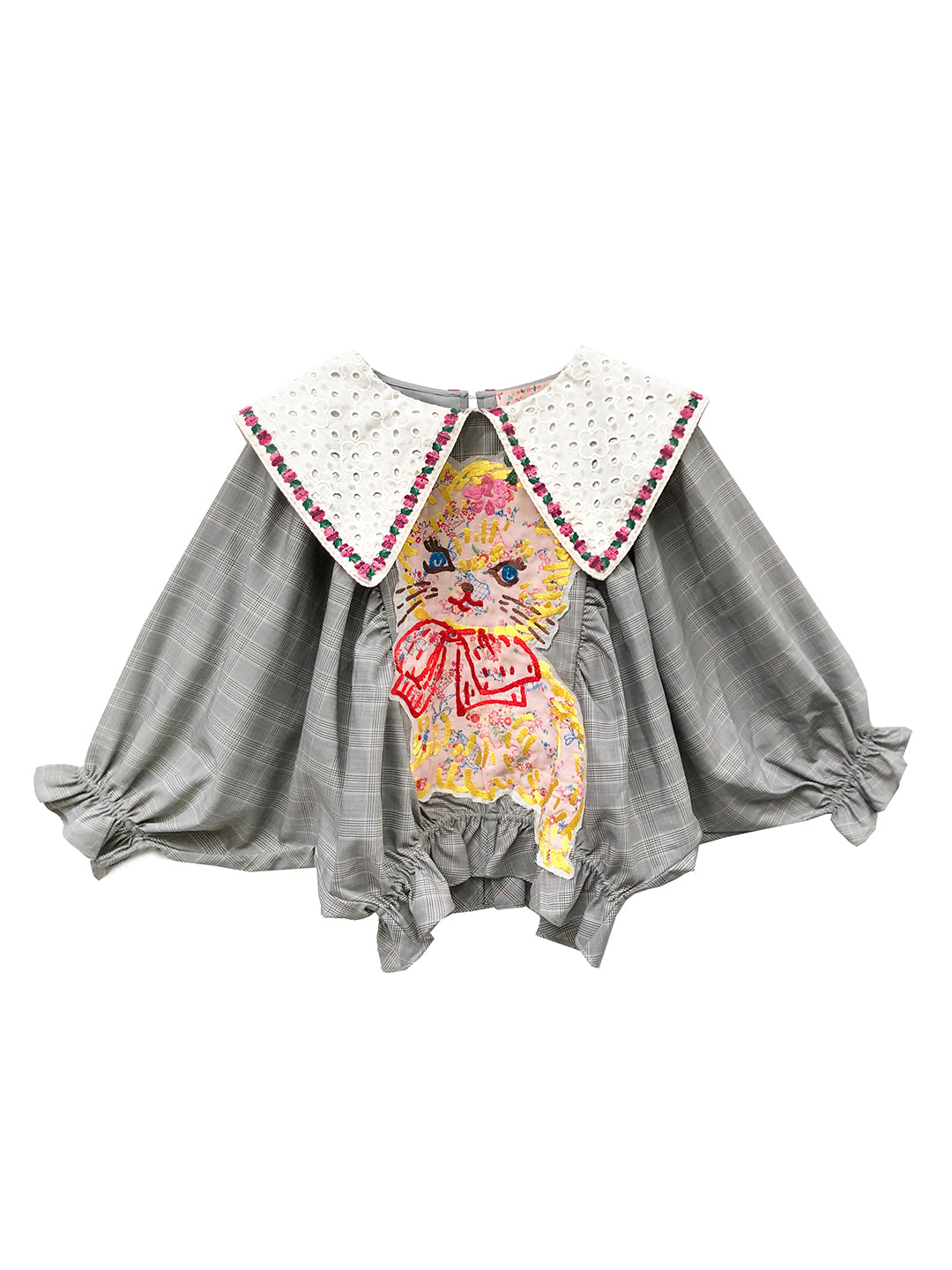Unlogical Poem Cat Embroidered Patchwork Cape Sleeve Blouse