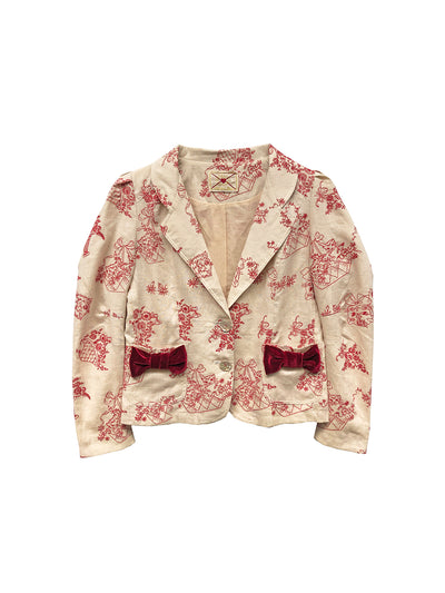 Unlogical Poem Red Illustration Embroidered Velvet Bow-knot Ramie Blazer