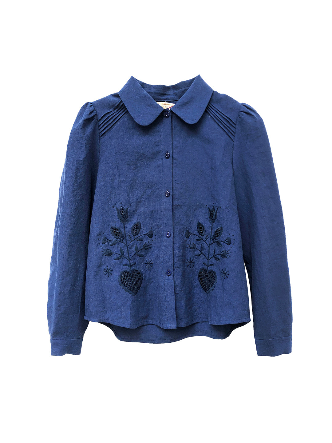 Unlogical Poem Victorian style Floral Embroidered Pleated Blue Hemp Shirt