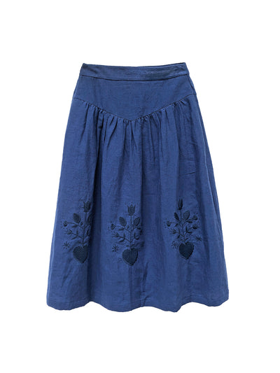 Unlogical Poem Floral Hollow Embroidery Blue/Brown Hemp Skirt