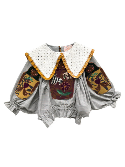 Unlogical Poem Doll Embroidered Patchwork Cape Sleeve Blouse