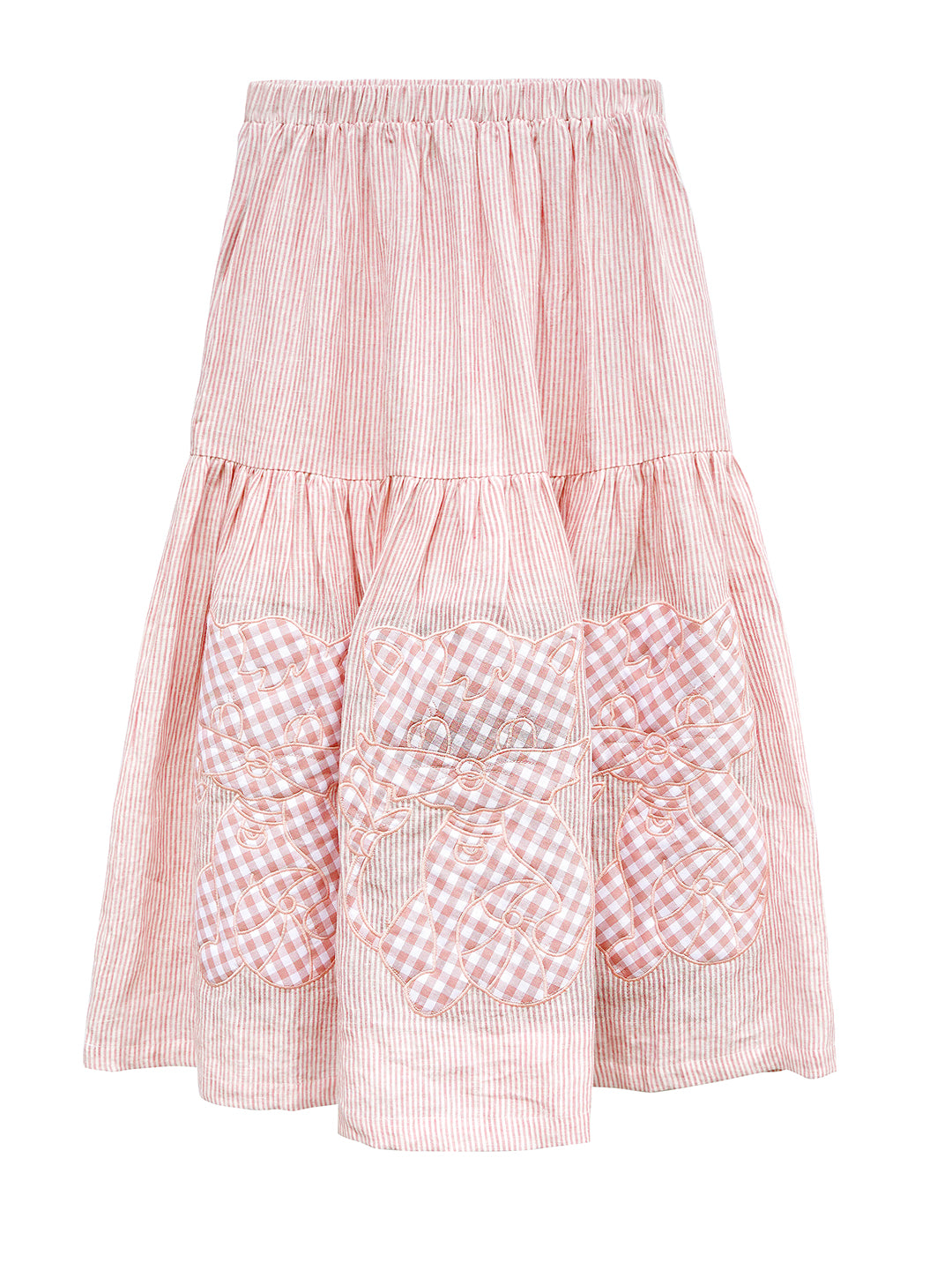 Unlogical Poem Cat Quilted Embroidered Patchwork Pink Striped Linen Skirt