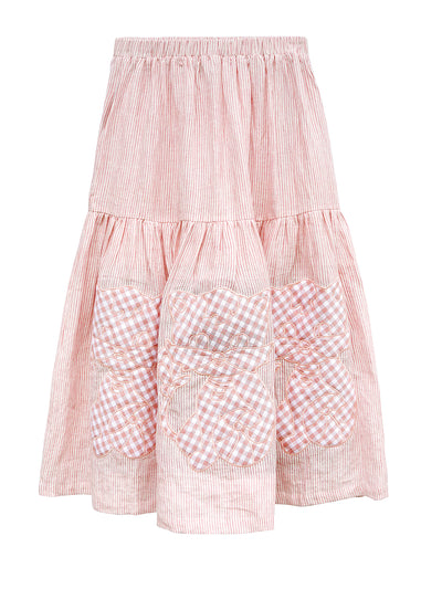 Unlogical Poem Cat Quilted Embroidered Patchwork Pink Striped Linen Skirt