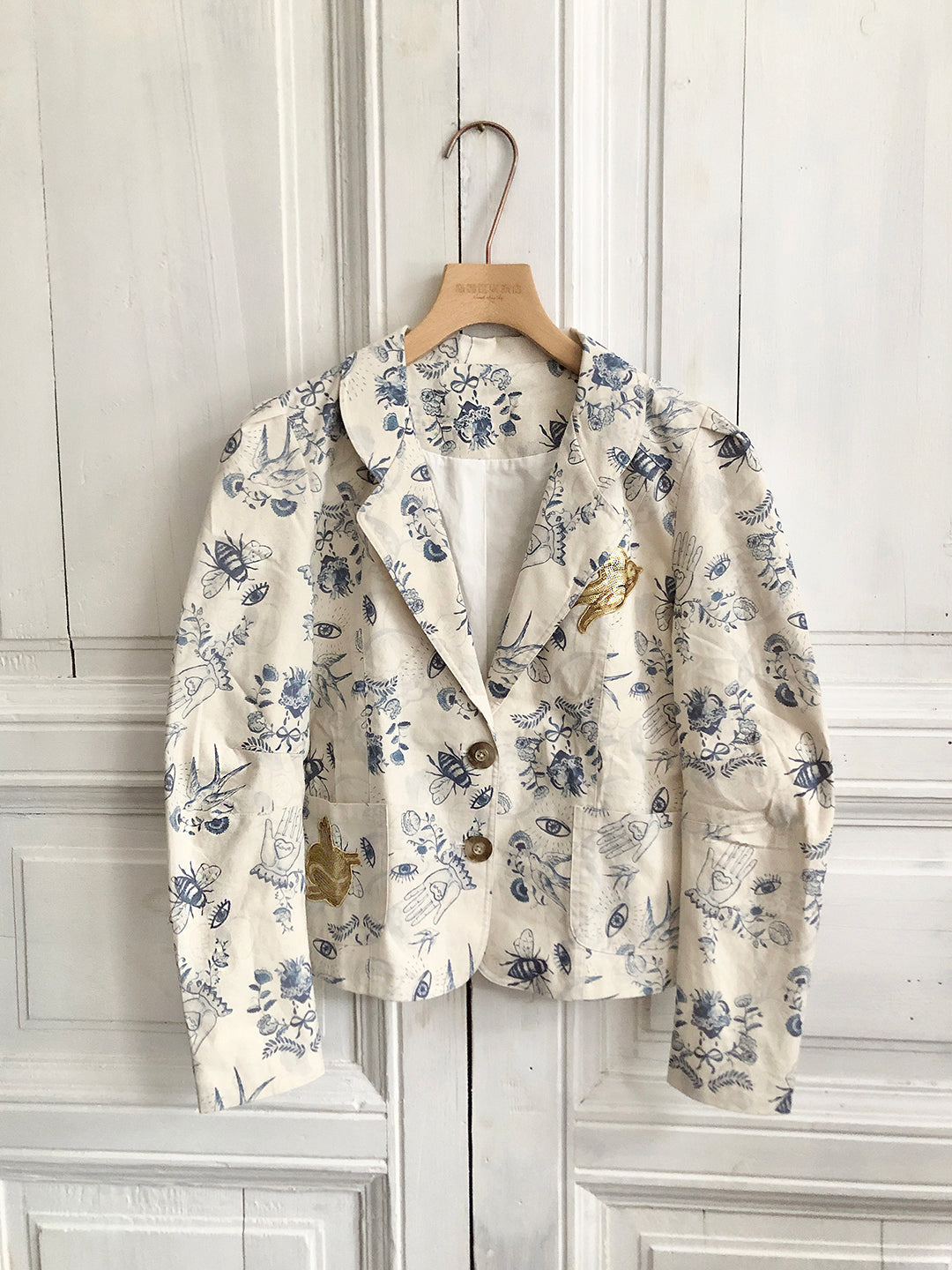 Unlogical Poem Sequin Embroidery Blue Illustration Print Cotton Blazer