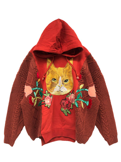 Unlogical Poem Illustration Cat Embroidery Flower Applique Knitted Patchwork Hoodie