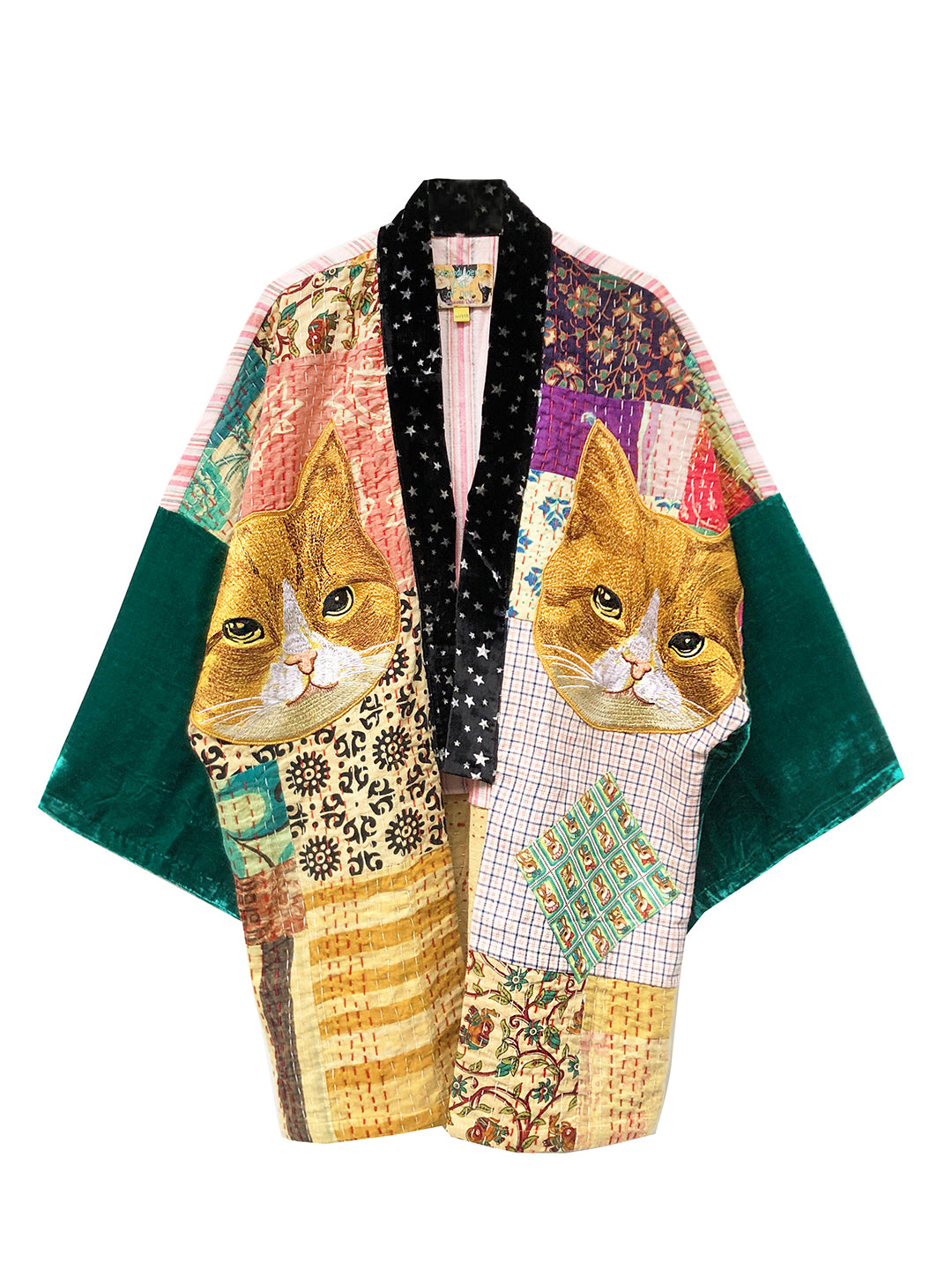 Unlogical Poem One-of-a-kind Cat Embroidered Patchwork Long Kimono