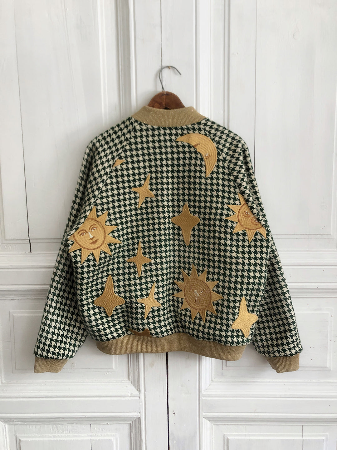 Unlogical Poem Star and Moon Embroidery Green Houndstooth Jacket