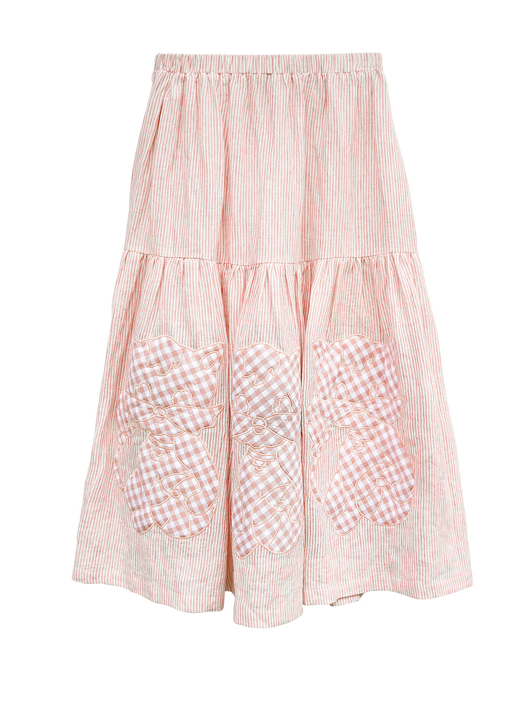 Unlogical Poem Cat Quilted Embroidered Patchwork Pink Striped Linen Skirt