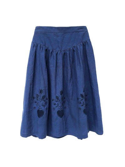 Unlogical Poem Floral Hollow Embroidery Blue/Brown Hemp Skirt