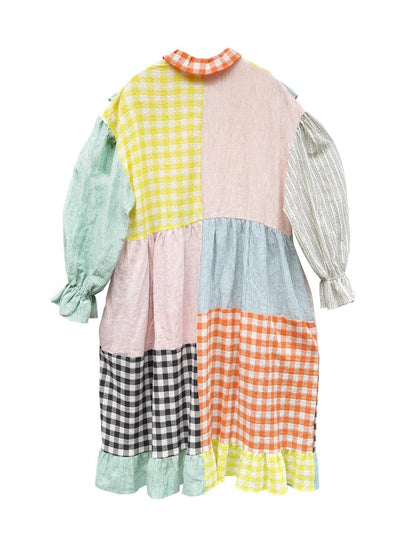 Unlogical Poem Colorful Vertical Striped and Gingham Patchwork Cotton Dress