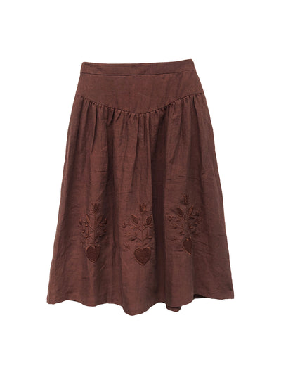 Unlogical Poem Floral Hollow Embroidery Blue/Brown Hemp Skirt