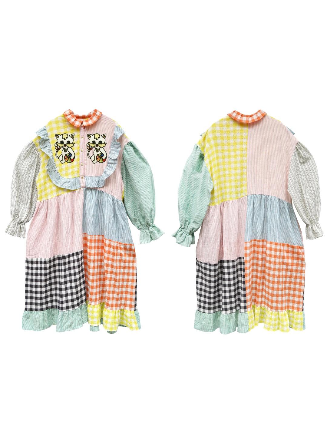 Unlogical Poem Cat Embroidered Colorful Patchwork Cotton Dress