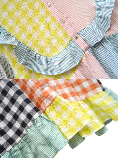 Unlogical Poem Colorful Vertical Striped and Gingham Patchwork Cotton Dress