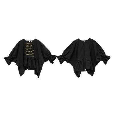 Unlogical Poem  Poetic Embroidered Ruffle Top with Batwing Sleeves