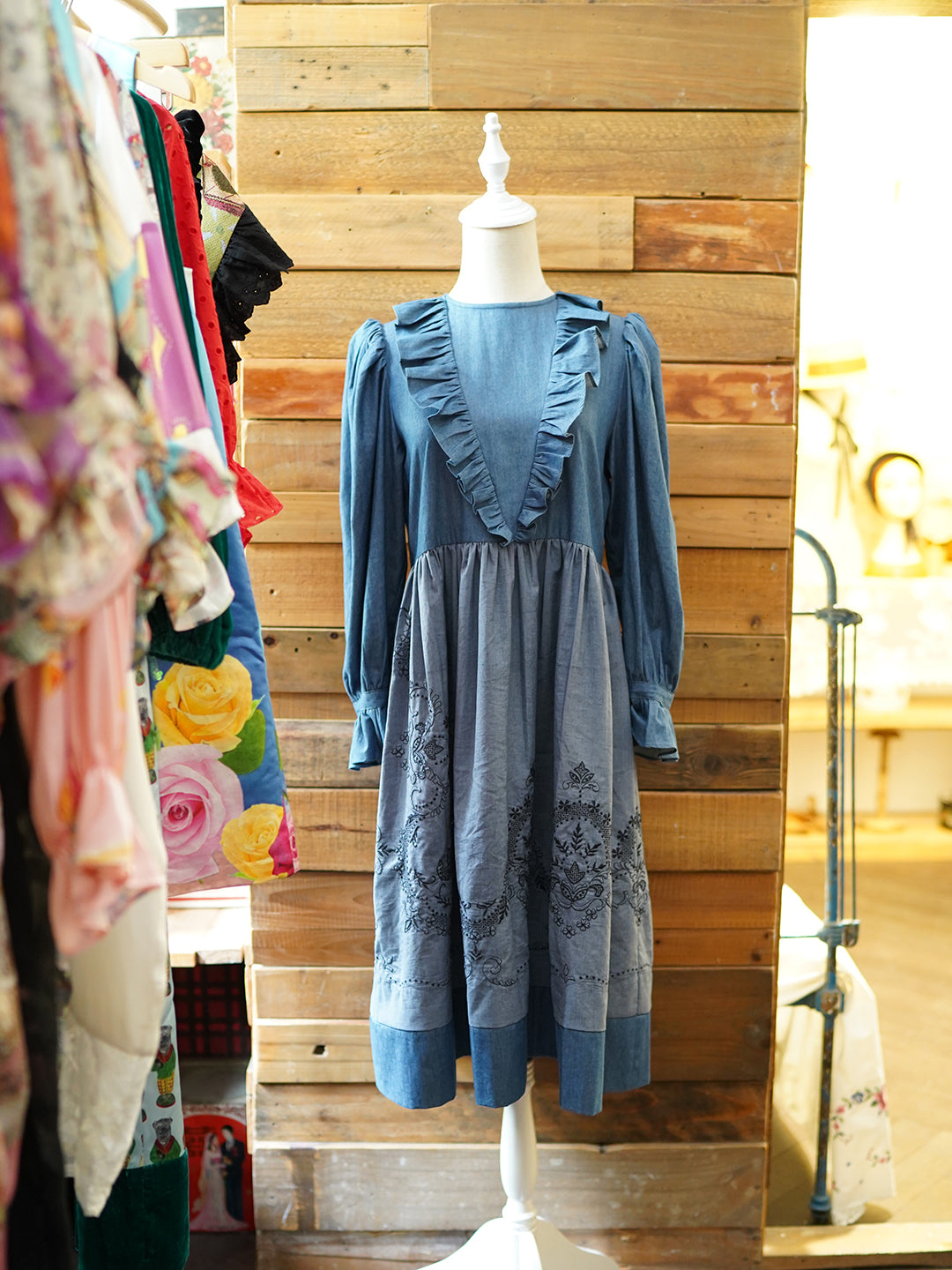 Unlogical Poem One-of-a-kind Victorian Style Embroidered Denim Dress