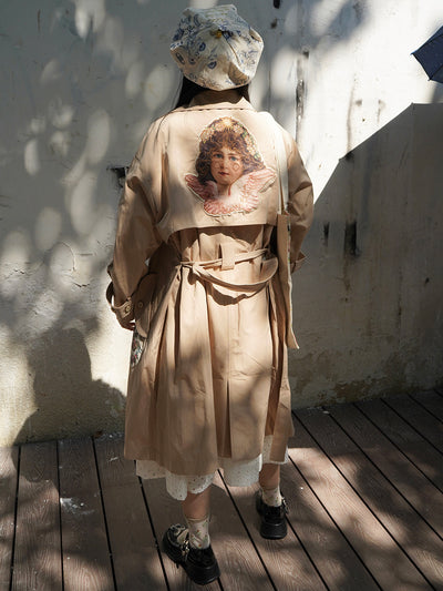 Unlogical Poem Angel Illustration Applique Trench Coat