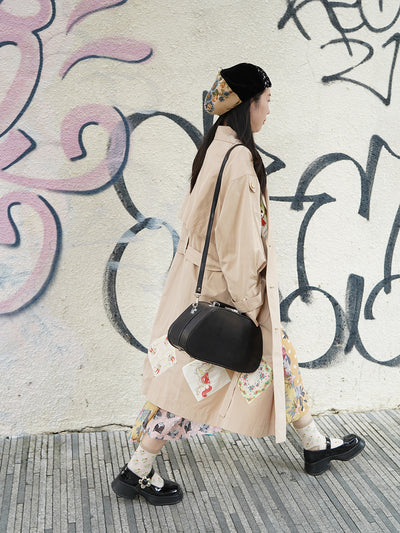 Unlogical Poem Rabbit Illustration Applique Trench Coat