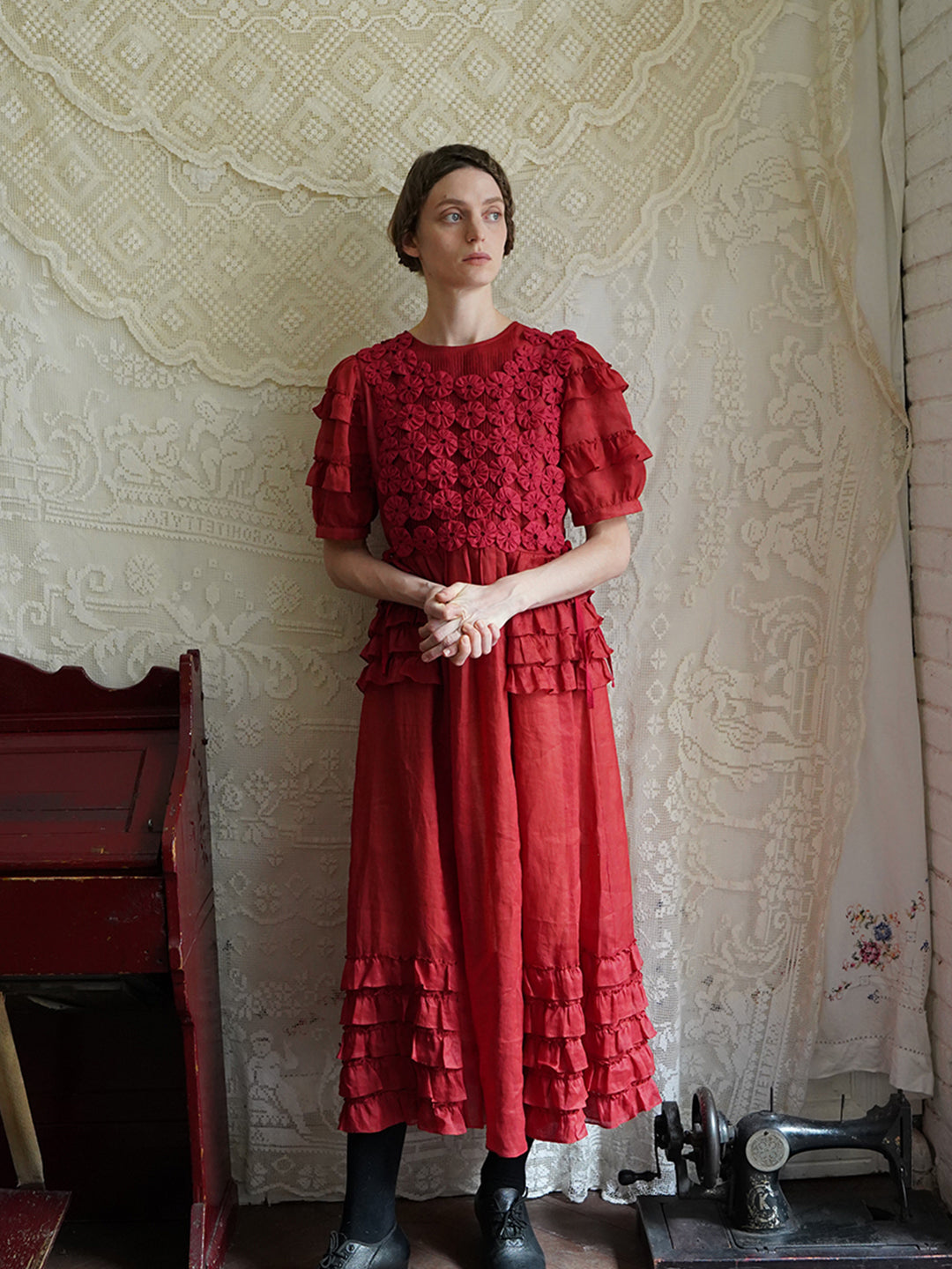 ワンピース ORR Wool Silk Dress Victorian Style Ruffled Red/Black/Pink Ramie Dress