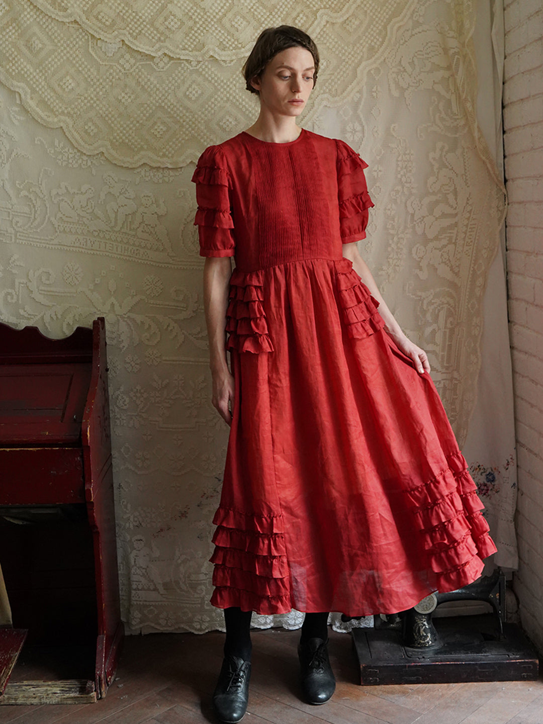 Victorian Style Ruffled Red/Black/Pink Ramie Dress