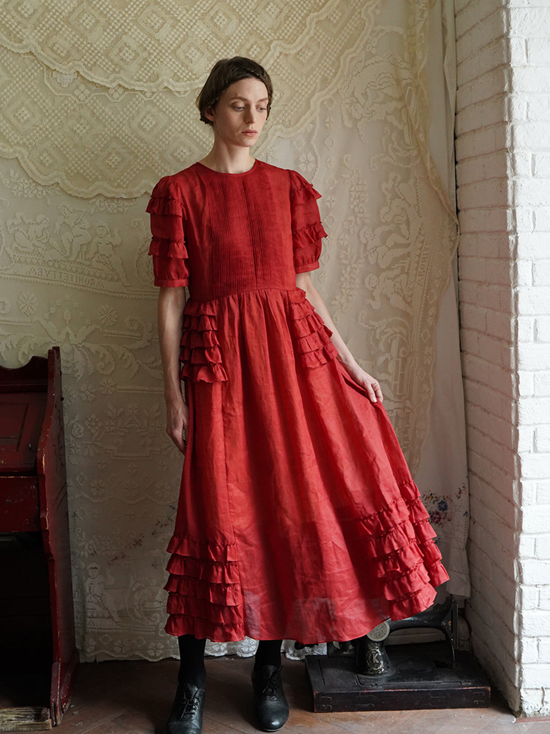 Victorian Style Ruffled Red/Black/Pink Ramie Dress