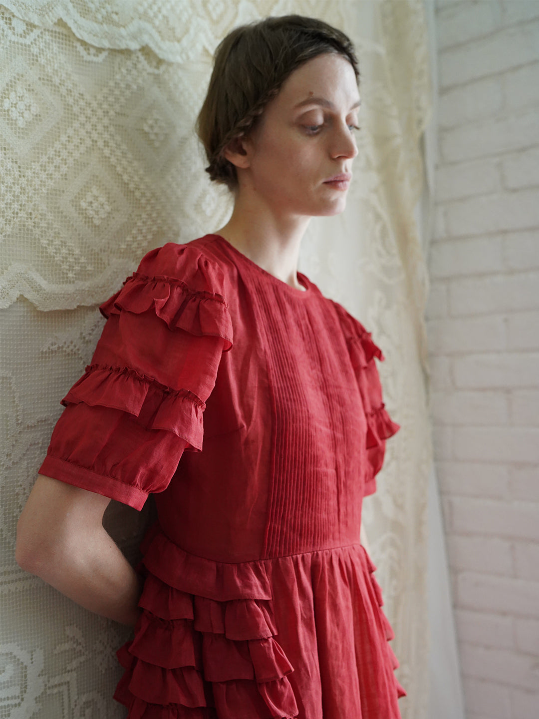 ワンピース ORR Wool Silk Dress Victorian Style Ruffled Red/Black/Pink Ramie Dress