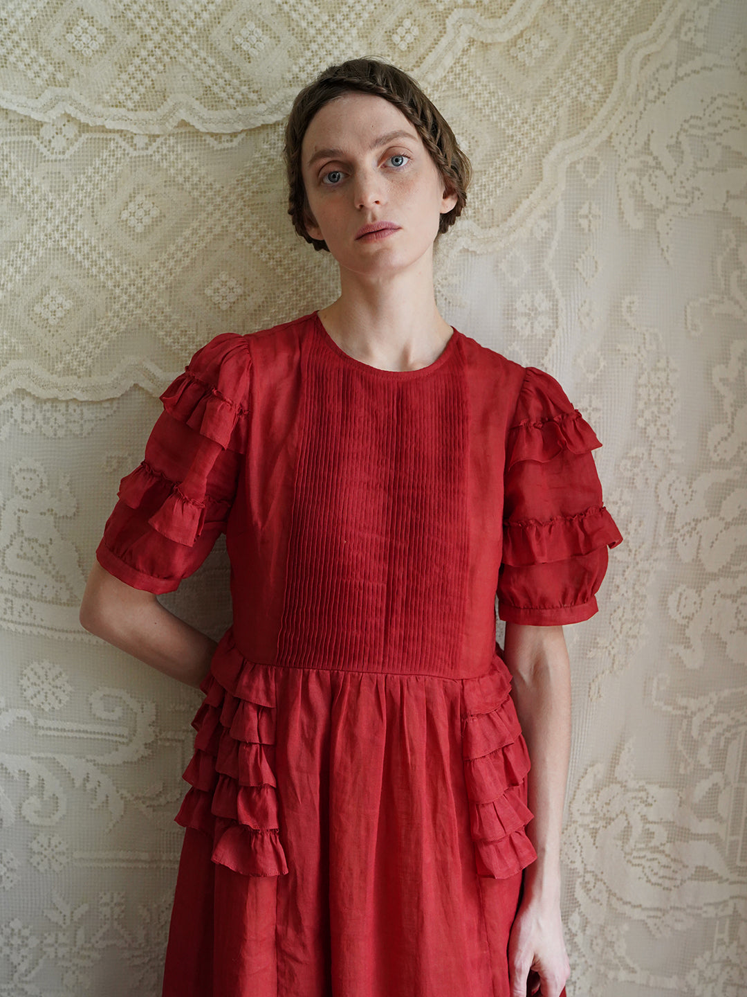 Unlogical Poem Victorian Style Ruffled Red/Black/Pink Ramie Dress