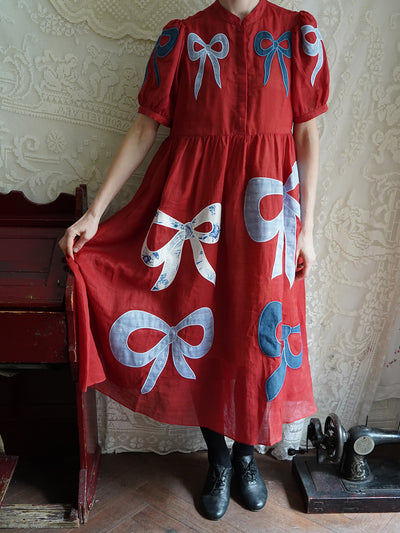 Unlogical Poem Victorian Style Bow Applique Embroidered Red Dress