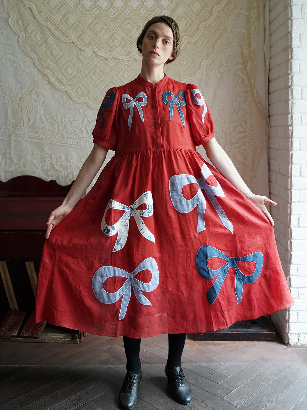 Victorian Style Bow Applique Embroidered Red Dress
