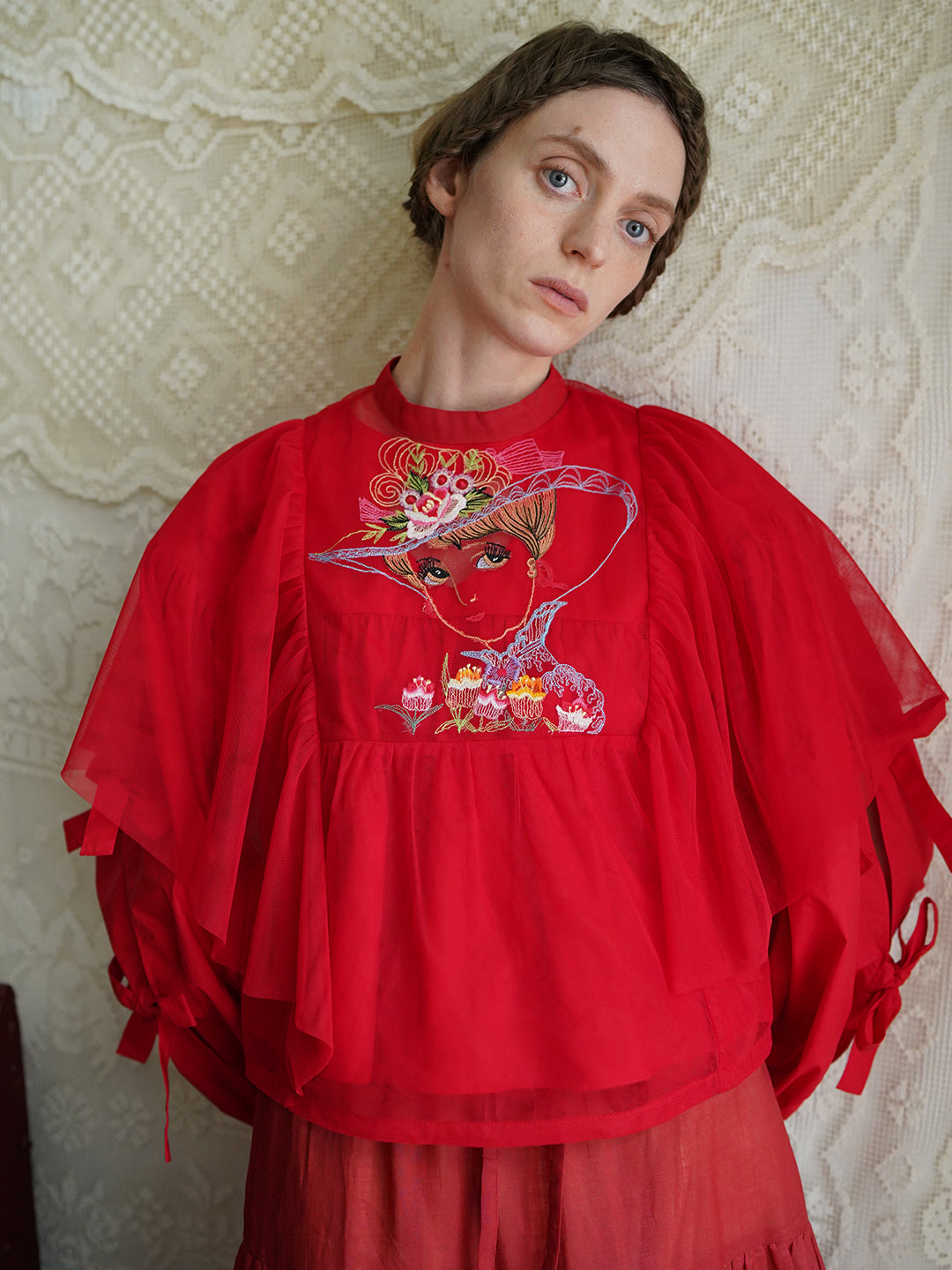 Unlogical Poem Retro Elegant Embroidered Mesh Top