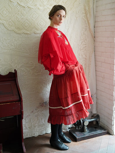 Unlogical Poem Retro Style Pleated Red/Pink Ramie Skirt