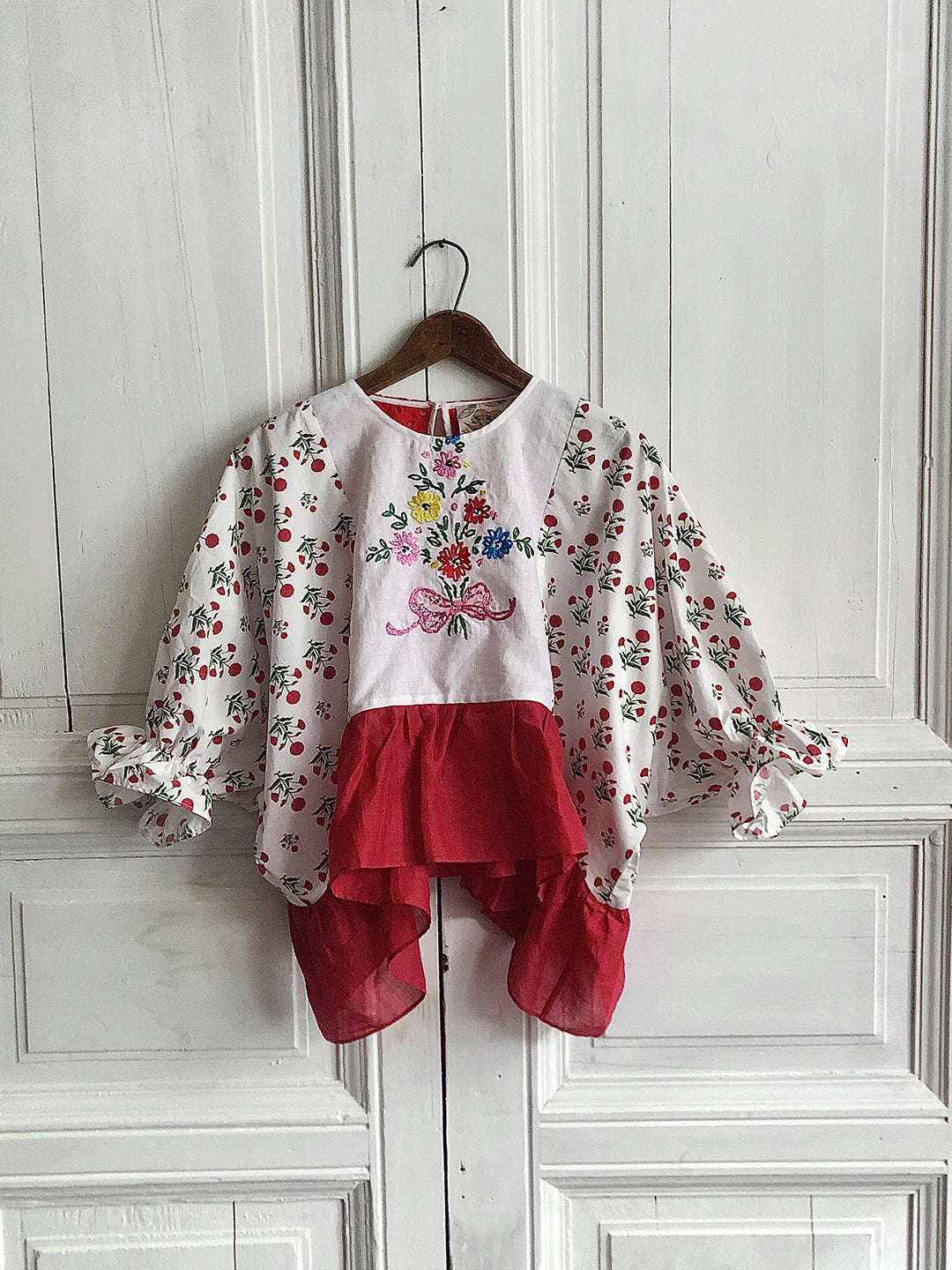 Unlogical Poem Flowers Embroidered Printed Patchwork Blouse